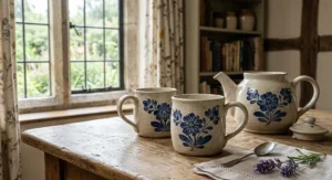 Charming handmade stoneware mugs with a floral motif, styled next to a teapot in a classic English cottagecore aesthetic.