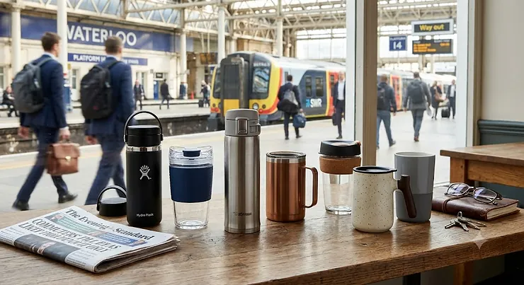 A selection of different leakproof travel mugs including stainless steel, ceramic and glass options for British commuters.