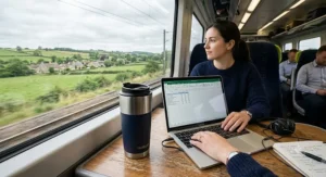 An insulated travel coffee cup resting on a train table next to a laptop during a railway commute to work.
