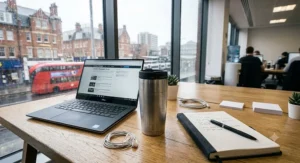 Thermal travel mug for coffee placed alongside a laptop and notepad on an office desk.