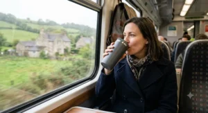 A commuter enjoying a hot cuppa from a leakproof travel mug for tea on a British train journey.
