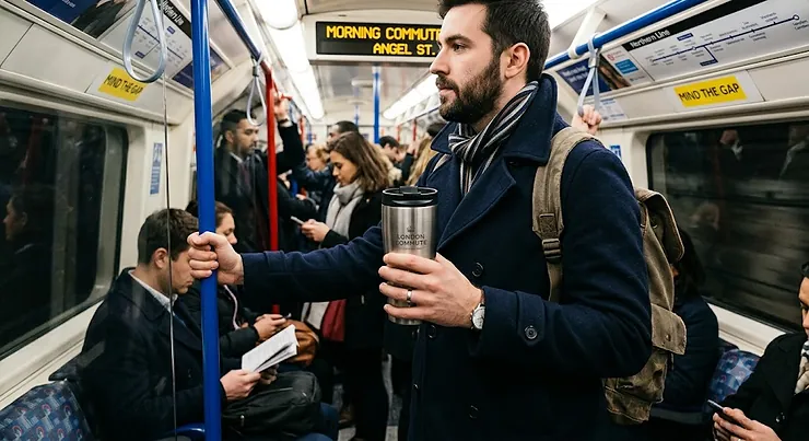 A commuter holding a stainless steel insulated travel mug on a busy London Underground tube train.
