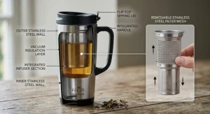 Double-walled insulated travel mug with built-in infuser showing the removable stainless steel filter mesh