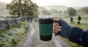 An insulated travel mug featuring an ergonomic handle and a non slip silicone sleeve for chilly morning walks.