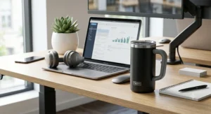 An insulated travel mug with an ergonomic handle sitting next to a laptop on a modern office desk.