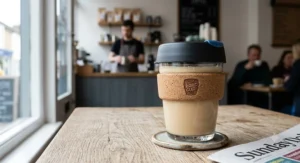 A KeepCup Brew Cork Edition tempered glass reusable cup with a natural cork band.