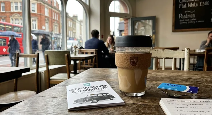 KeepCup review evaluation showing a glass reusable coffee cup on a café table in London.
