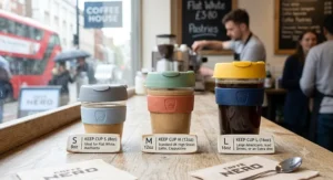 Comparison of KeepCup sizes ranging from 8oz small to 16oz large for UK high street coffee orders.