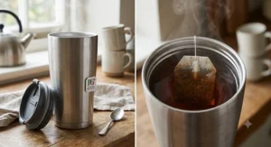 A large insulated travel mug showing a British English breakfast tea bag brewing in hot water.