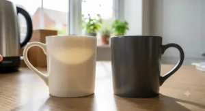 A large porcelain mug holding hot chocolate topped with whipped cream and mini marshmallows.
