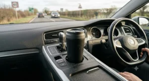 A matte black leakproof insulated travel mug sitting securely in a British car cupholder during a drive.