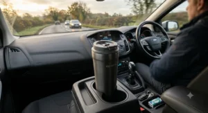 A leakproof thermal travel mug that keeps coffee hot the longest sitting securely in a car cup holder during a morning drive.
