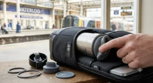 Close up of a high quality silicone seal on a leakproof travel cup preventing spills inside a commuter backpack.