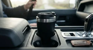 A leakproof travel mug for espresso fitted securely into a car cup holder.