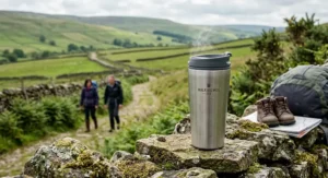 A durable travel mug for tea placed on a stone wall during a countryside walk in the UK.