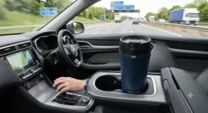 An insulated leakproof travel mug sitting securely inside a British car cup holder on a motorway drive.