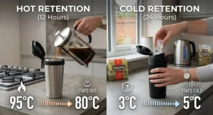 A graphic illustration demonstrating the long lasting thermal temperature control of a leakproof travel mug.