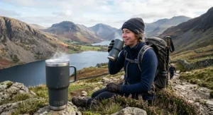An outdoor enthusiast enjoying a warm drink from a durable travel mug that keeps coffee hot the longest during a hike in the Lake District.