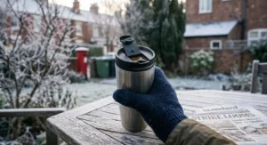 Hand gripping an ergonomic lightweight travel mug for coffee featuring a spill-resistant flip-top lid.