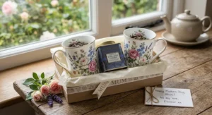Luxury porcelain mug sets as gifts for Mothers Day with elegant floral patterns alongside a tin of loose leaf Earl Grey tea.