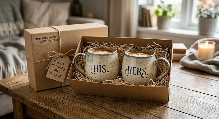Matching ceramic mug sets as gifts for a couples anniversary presented in a stylish craft paper box.