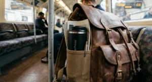 A mini travel mug for espresso tucked into the side pocket of a leather rucksack.