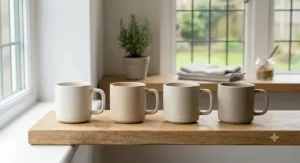 A minimalist set of stoneware mugs in cream and beige tones, reflecting a Scandi-style design popular in UK homes.