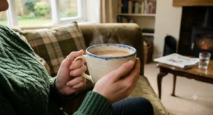 A person holding a large earthenware oversized mug of milky coffee while relaxing on a sofa in a cosy British living room.