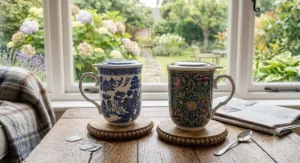 Two decorative patterned porcelain travel mugs with lids, designed to keep drinks warm whilst on the go.