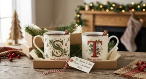 Personalised fine bone china mug sets as gifts featuring bespoke initial illustrations for Christmas presents.