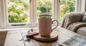 A pastel pink porcelain mug with a loose leaf tea infuser and a matching lid.