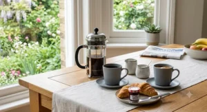 Minimalist grey porcelain mug sets arranged on a breakfast table next to a cafetiere.
