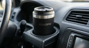 Close-up view of a reusable coffee travel mug seated inside a dashboard car cup holder