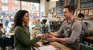 A customer handing a reusable insulated travel mug to a barista at a British high street coffee shop for a discount.