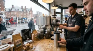 Barista filling a customer's reusable travel mug for coffee at a local British coffee shop counter.