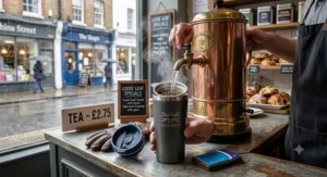 A reusable travel mug for tea being filled with hot water at a British high street cafe.
