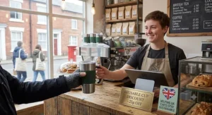 A customer handing over a reusable travel mug at a UK cafe counter to get a sustainable discount on their coffee.