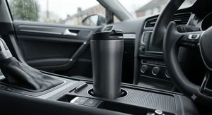 A sleek travel mug for tea sitting securely inside a standard British car cup holder.
