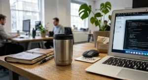 A small insulated travel mug for espresso sitting on an office desk next to a laptop.