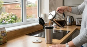Pouring fresh hot coffee into a durable stainless steel leakproof travel mug in a modern kitchen.