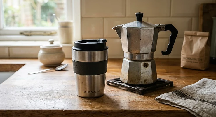 A stainless steel travel mug for espresso placed beside a moka pot on a kitchen counter.
