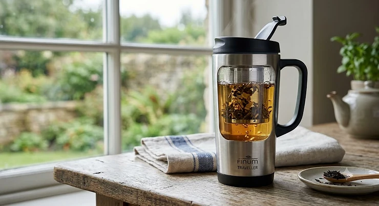 Stainless steel travel mug with built-in infuser filled with loose leaf tea steeping in hot water