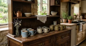 Rustic stoneware mug sets displayed neatly on a traditional wooden kitchen dresser.