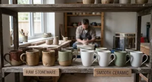 A selection of raw stoneware and smooth ceramic mugs displayed together on a shelf in a UK pottery workshop.