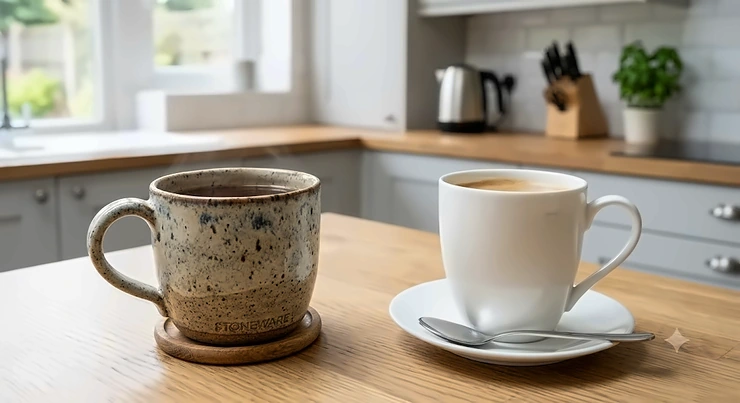 A direct comparison between a rustic stoneware mug and a sleek ceramic mug on a modern British kitchen worktop. stoneware vs ceramic mugs