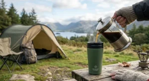 Steaming hot coffee being poured into a thermal insulated travel mug whilst camping in the Lake District.