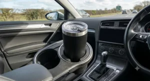 Double-walled thermal travel mug designed to fit standard British car cup holders