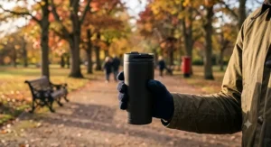 Person holding a matte finish travel mug for coffee while walking through a crisp autumn park in Britain.