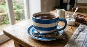 A traditional blue and white striped Cornish style oversized mug filled with freshly brewed builder's tea.