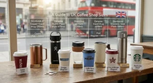 Guide to travel coffee mug sizes in millilitres compared to standard British high street coffee shop takeaway cups.